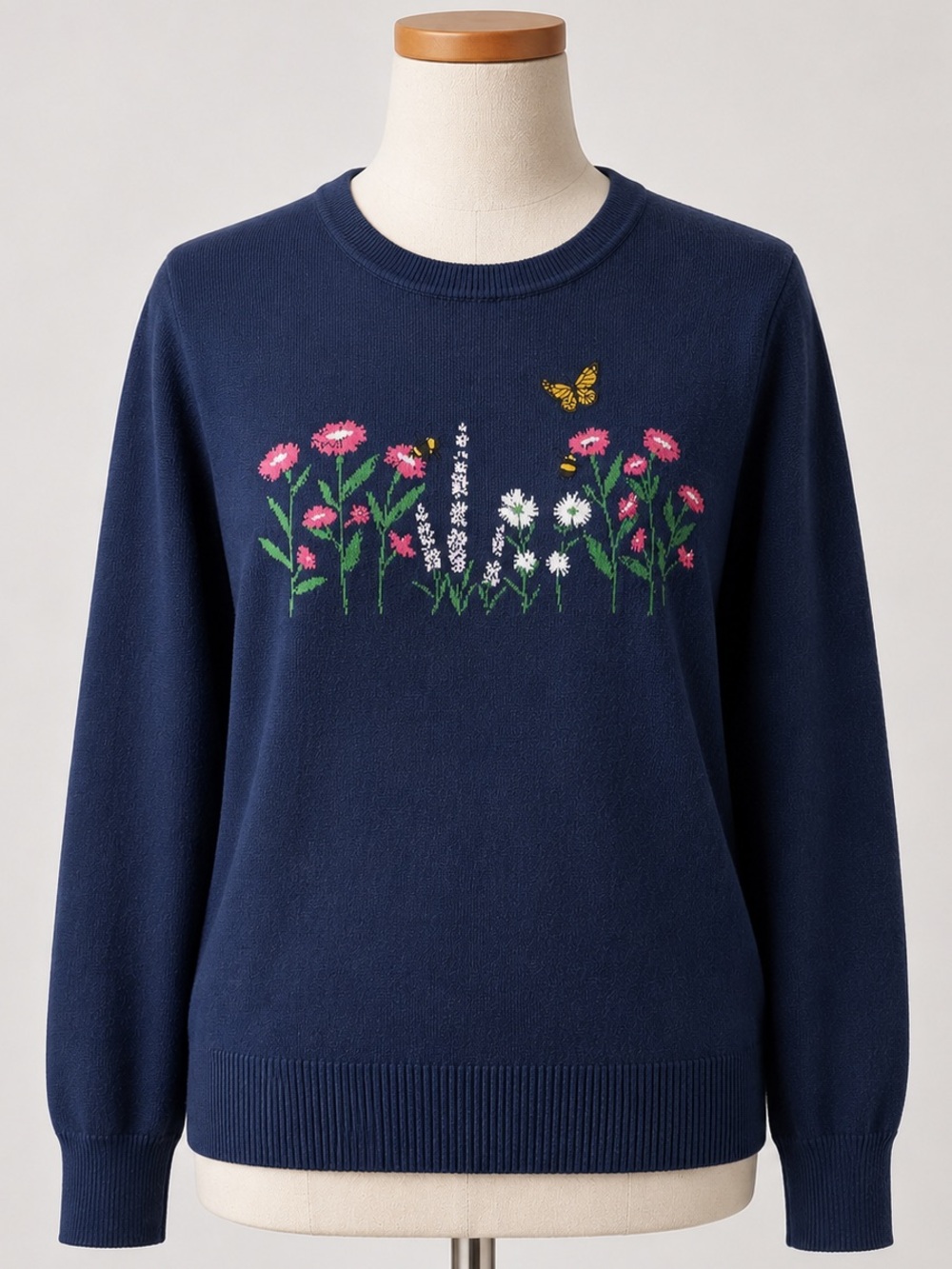 Ann Taylor LOFT Navy, Spring Floral Design, Light Weight Crew Neck Sweater- L